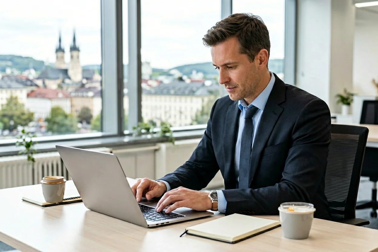 Profissional analisando uma oferta de emprego em um laptop em uma mesa de escritório, com uma paisagem urbana suíça desfocada pela janela