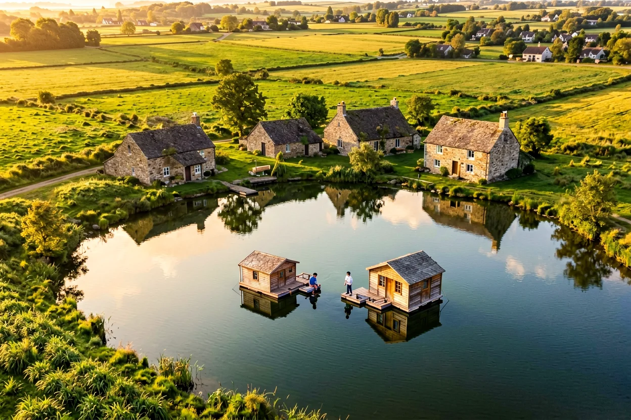 Ilustração de um lago rural rodeado de casas de campo e pequenas cabanas flutuantes