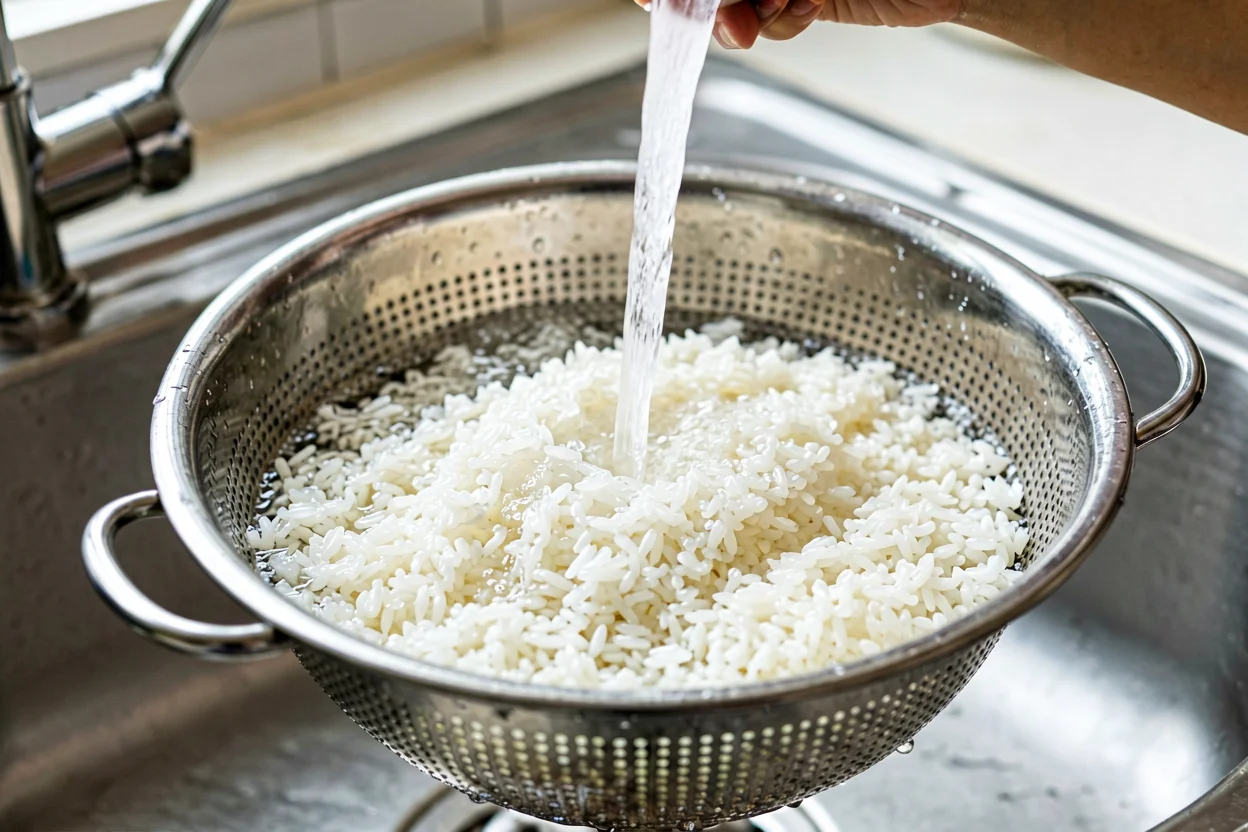 Arroz branco a ser enxaguado num escorredor sob água fria