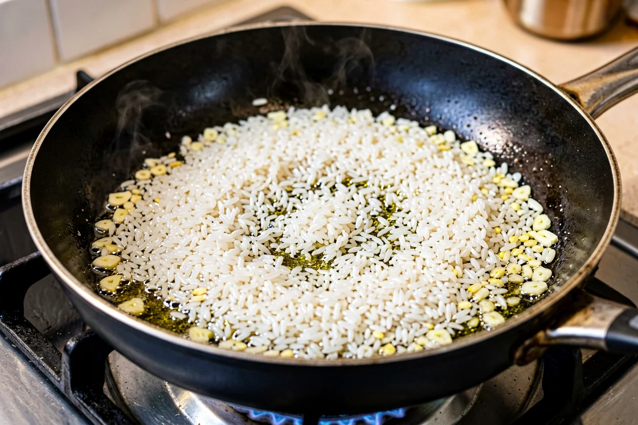Arroz a ser tostado em azeite com alho numa panela, grãos a ficarem translúcidos