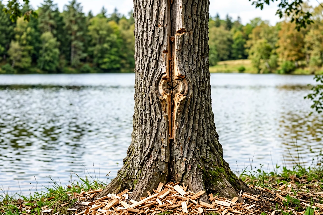 Tronco de árvore com marcas profundas de mordidas de castor, cortado em bisel, junto a um lago