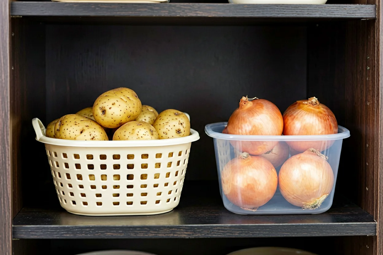 Batatas e cebolas guardadas em recipientes separados num armário fresco