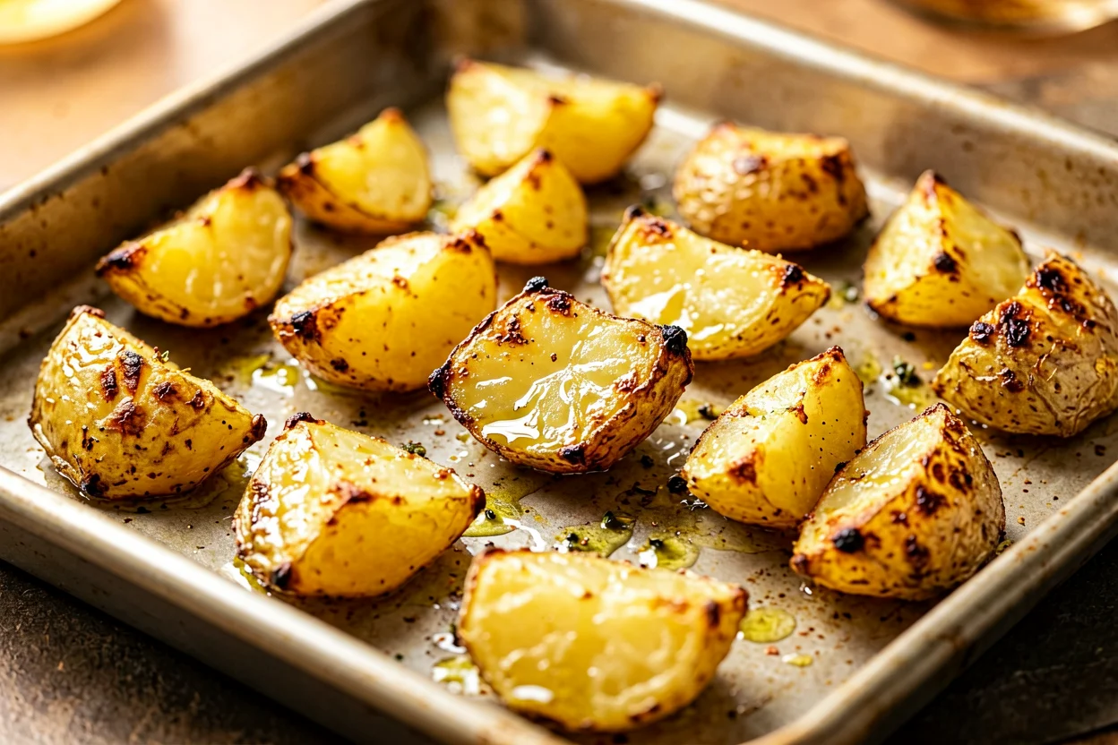 Batatas cortadas a dourar no forno sobre placa com azeite