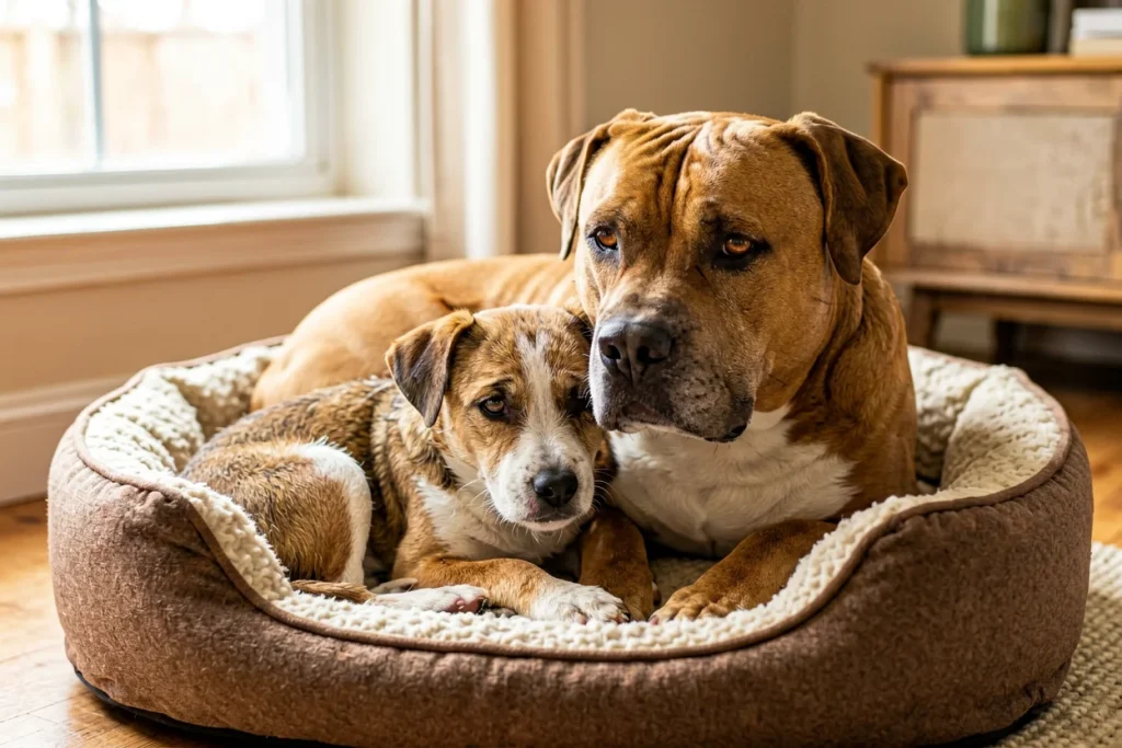 Cadela resgatada com anemia só encontra conforto abraçada a uma Pitbull na casa de acolhimento