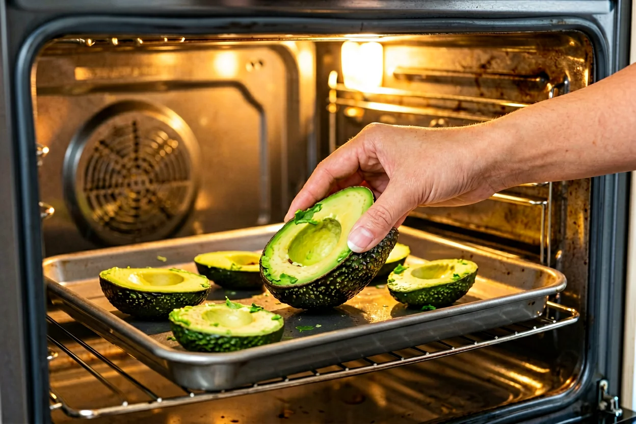 Mão a colocar caroços de abacate num tabuleiro de forno