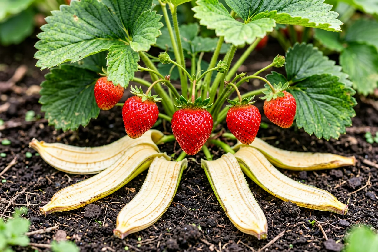 Cascas de banana em pedaços junto a um morangueiro com frutos vermelhos