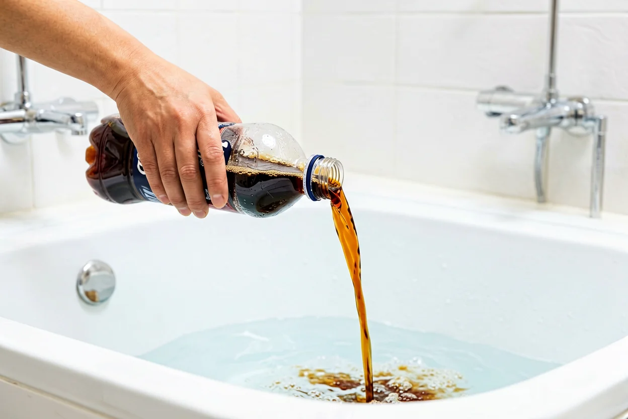 Garrafa de Coca-Cola a ser despejada no fundo de uma banheira branca
