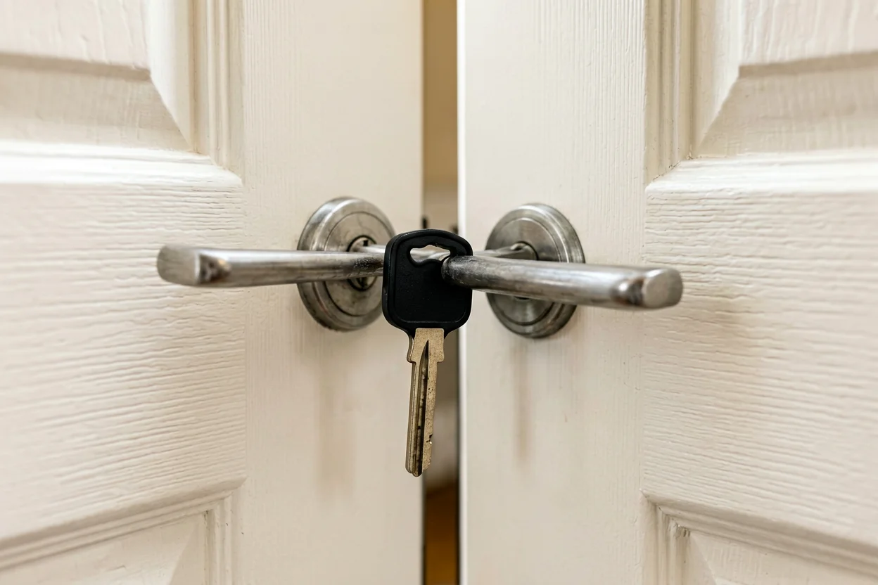 Chave inserida na fechadura de uma porta vista do interior de uma casa
