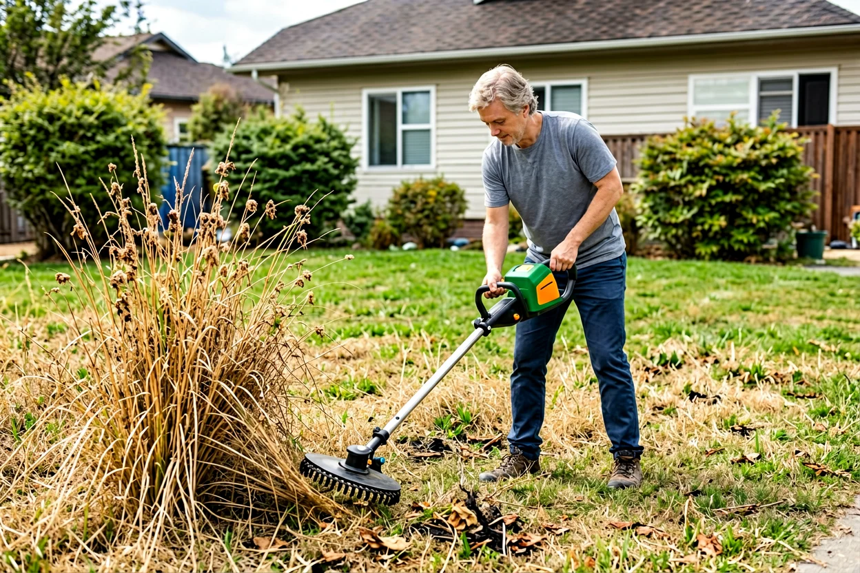 Proprietário a limpar um terreno com vegetação alta junto a uma casa, usando uma roçadora, com a área ainda por limpar visível ao fundo