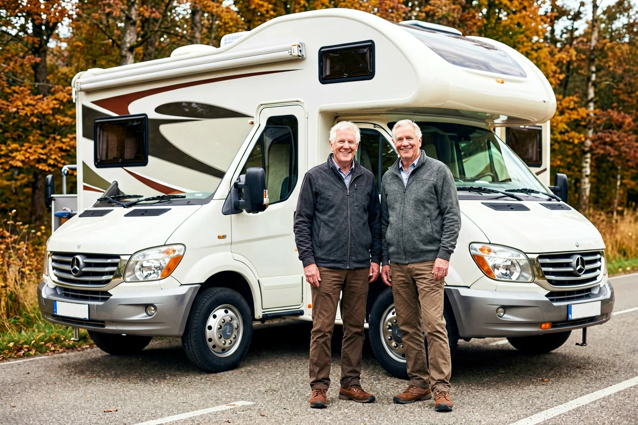 Casal de reformados a viver num grande camping-car durante uma viagem pela Europa, com o veículo estacionado junto a uma paisagem natural, atmosfera realista e documental