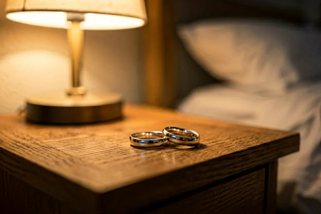Duas alianças de casamento pousadas lado a lado numa mesa de cabeceira, com luz quente e ambiente de quarto tranquilo ao fundo