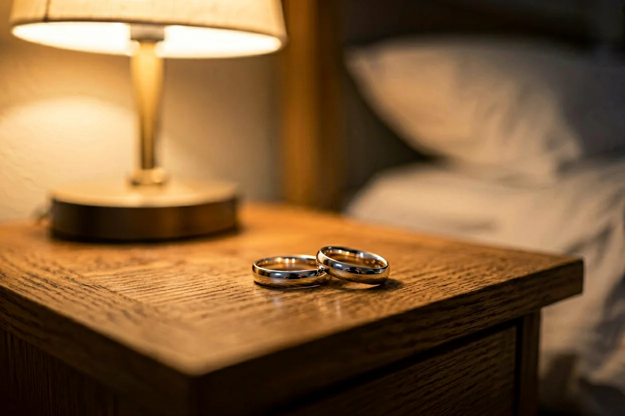 Duas alianças de casamento pousadas lado a lado numa mesa de cabeceira, com luz quente e ambiente de quarto tranquilo ao fundo