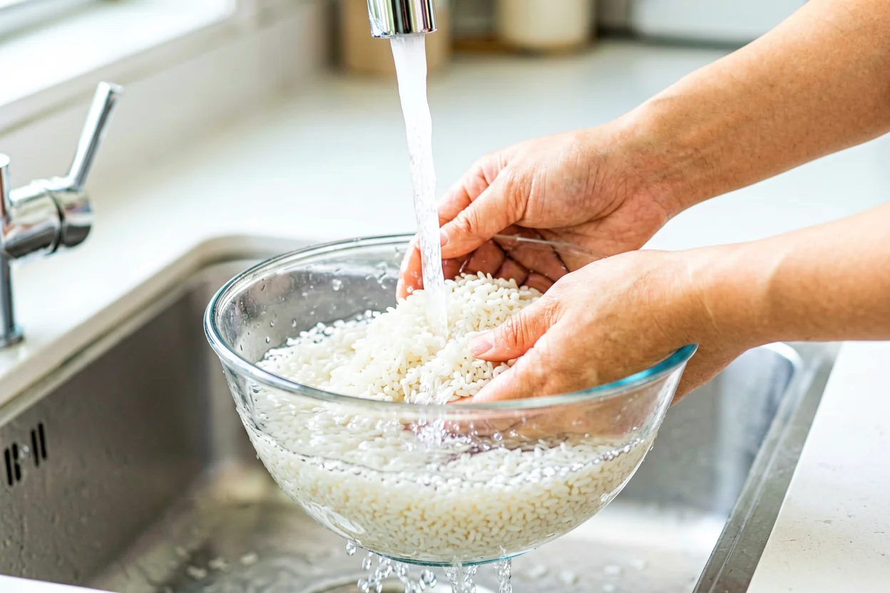 Mãos a enxaguar arroz cru numa tigela de vidro debaixo de água corrente, cozinha moderna e luminosa