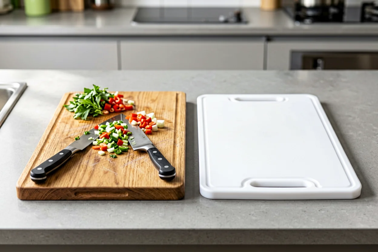 Tábuas de cortar de madeira e plástico lado a lado numa cozinha, com alimentos frescos e uma faca sobre a tábua de madeira