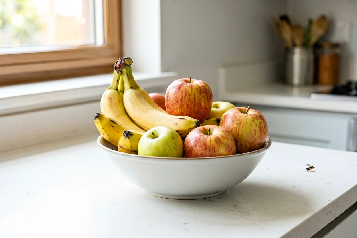 Fruteira com fruta madura e pequena mosca do vinagre por perto