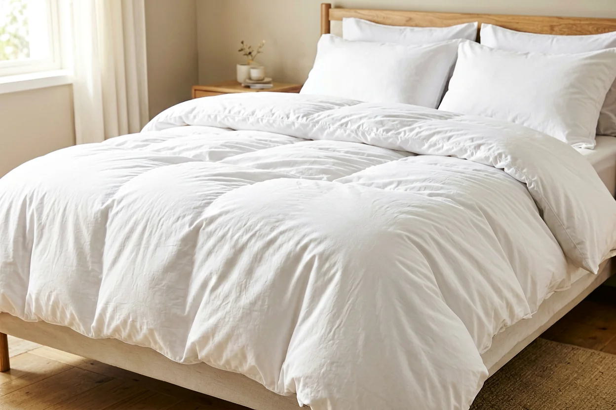 Edredão limpo e fofo estendido na cama com luz natural