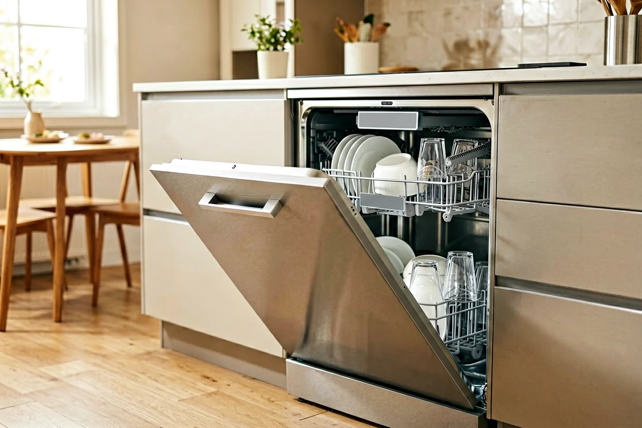Lava-louças moderno integrado em uma cozinha compacta e aberta, com a porta parcialmente aberta e pratos organizados no interior, representando a mudança no uso do eletrodoméstico