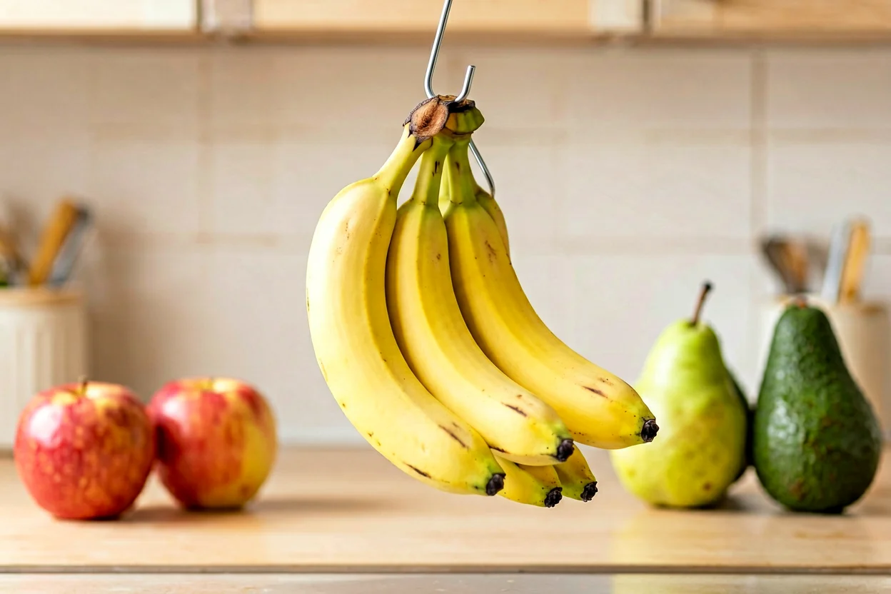 Cacho de bananas amarelas pendurado sozinho numa cozinha, longe de outras frutas