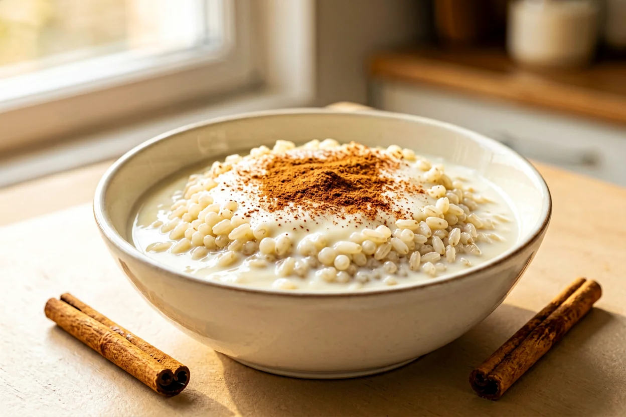 Arroz-doce cremoso servido em uma tigela de cerâmica, com arroz macio envolvido em creme de leite, canela em pó e um pequeno pau de canela ao lado, preparado em uma cozinha doméstica