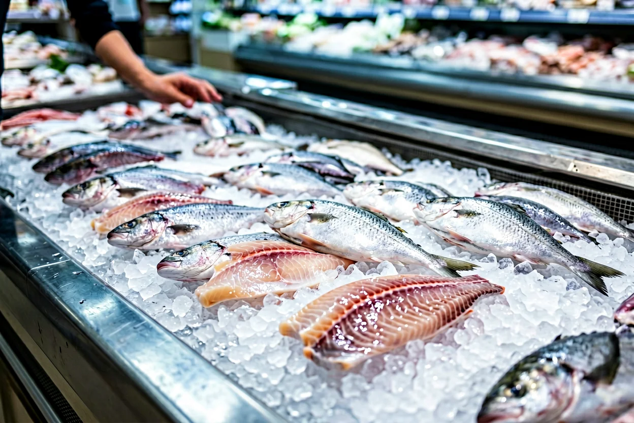 Filetes de peixe fresco sobre gelo num balcão de supermercado, com aparência húmida, firme e brilhante