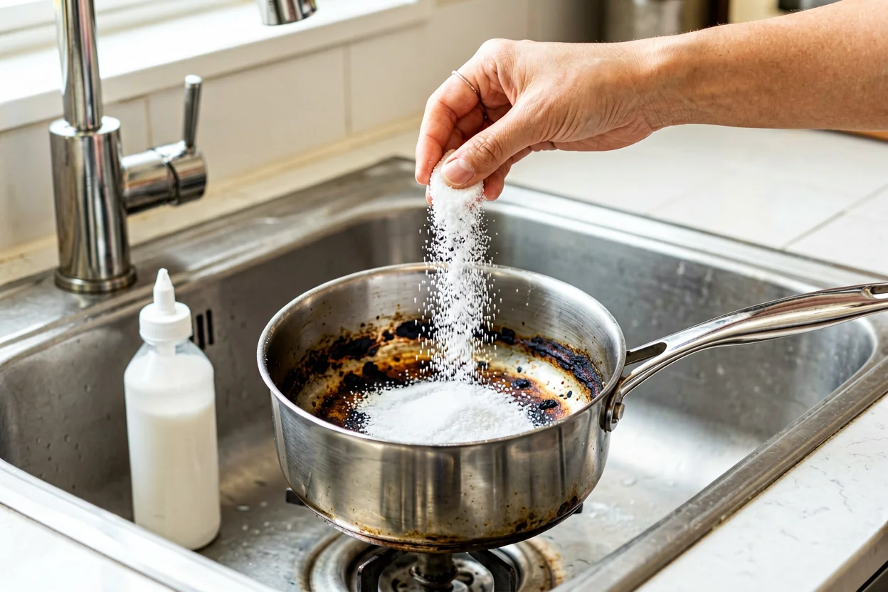 Panela com fundo escuro a receber bicarbonato e vinagre no lava-loiças