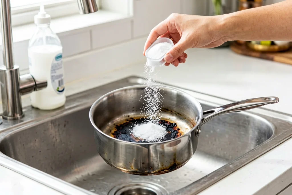 Panela queimada: o truque de bicarbonato e vinagre que limpa de noite sem esfregar