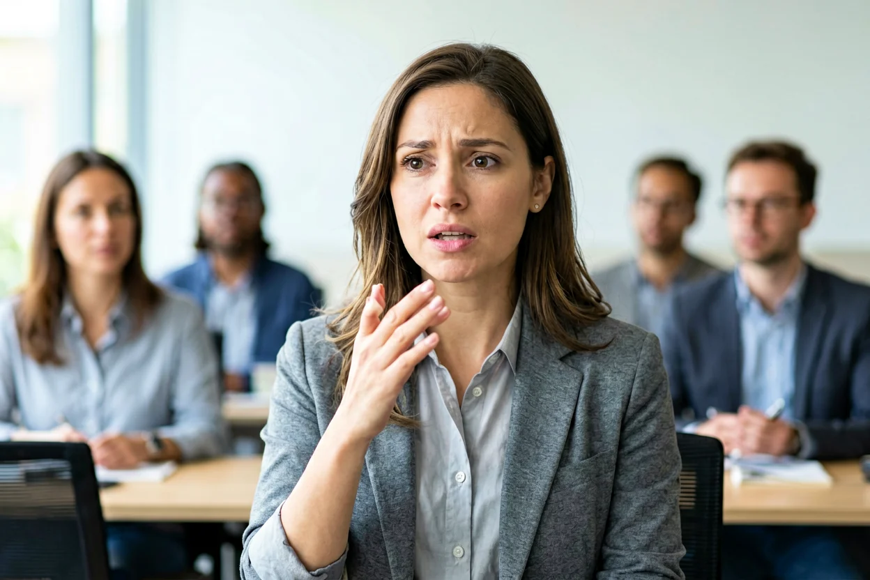 Mulher de expressu00e3o pensativa, com a mu00e3o levemente levantada, parecendo prestes a pedir desculpa antes de falar num ambiente de escritu00f3rio