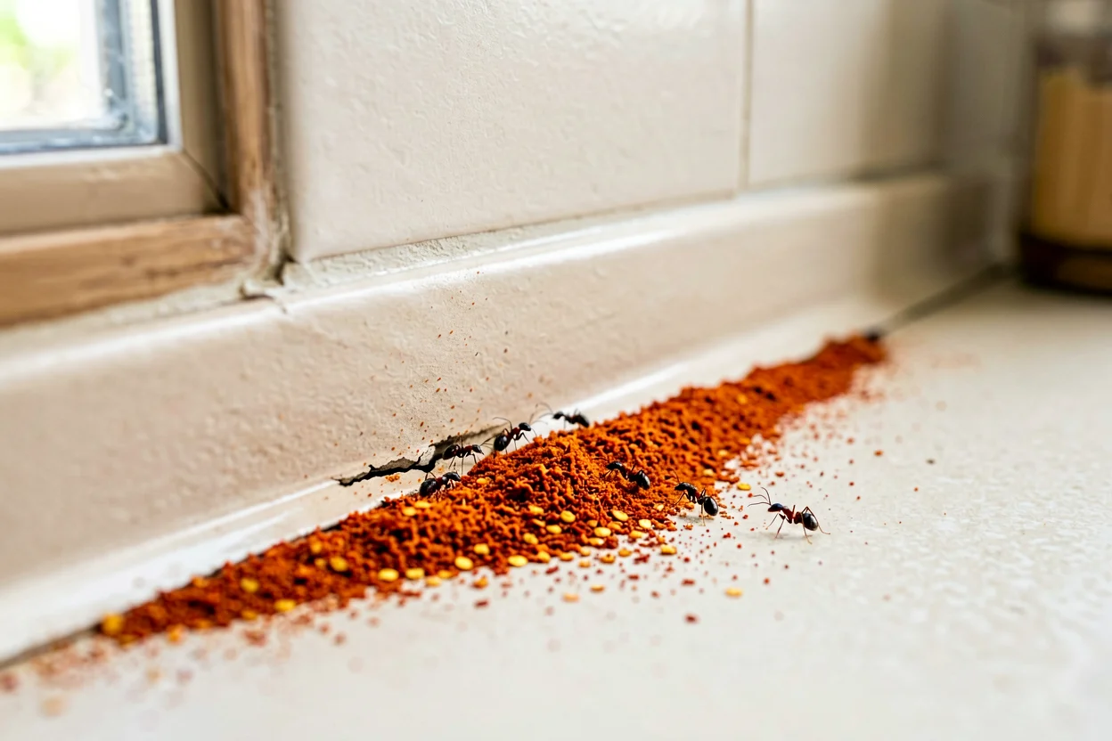 Pimenta de Caiena formando uma barreira fina junto à entrada de uma casa onde aparecem formigas