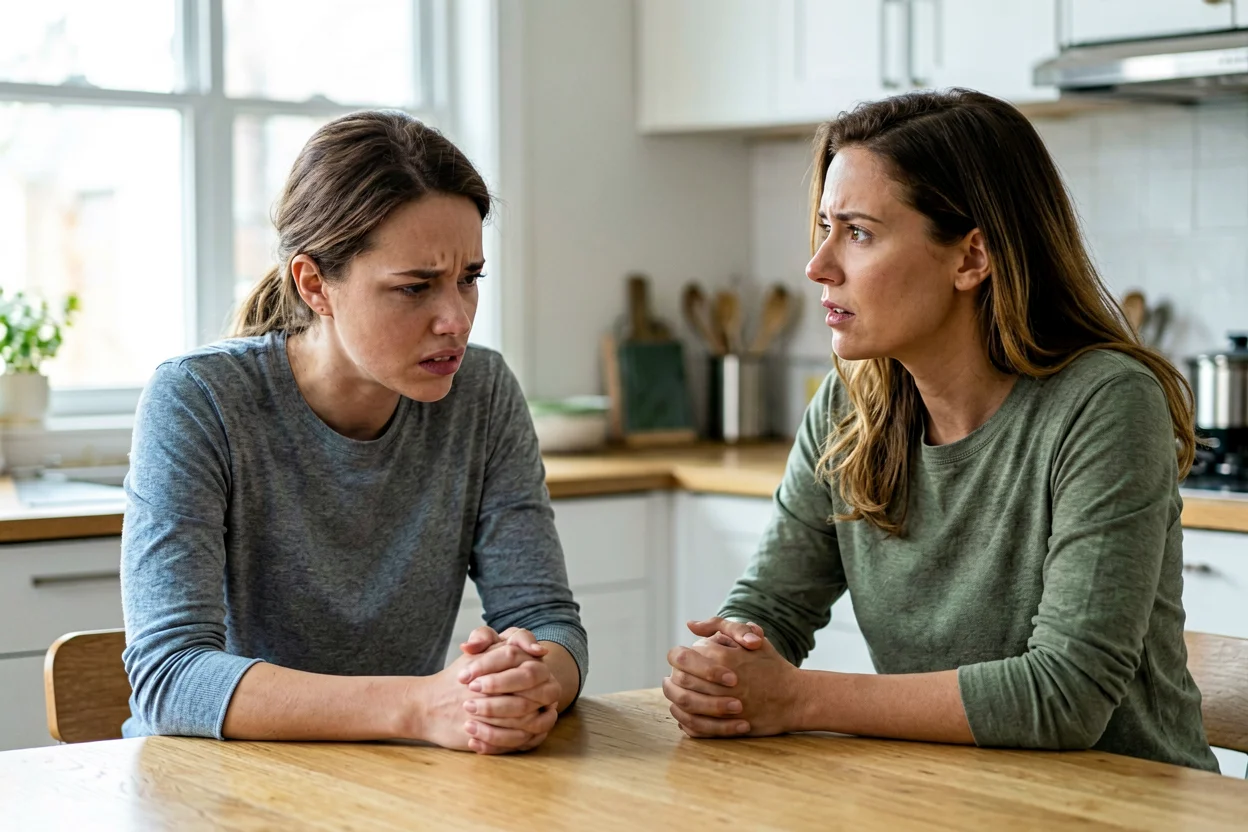 Duas pessoas sentadas u00e0 mesa da cozinha, um dos dois com a cabeu00e7a baixa e mu00e3os fechadas, silencioso, enquanto o outro espera por uma resposta