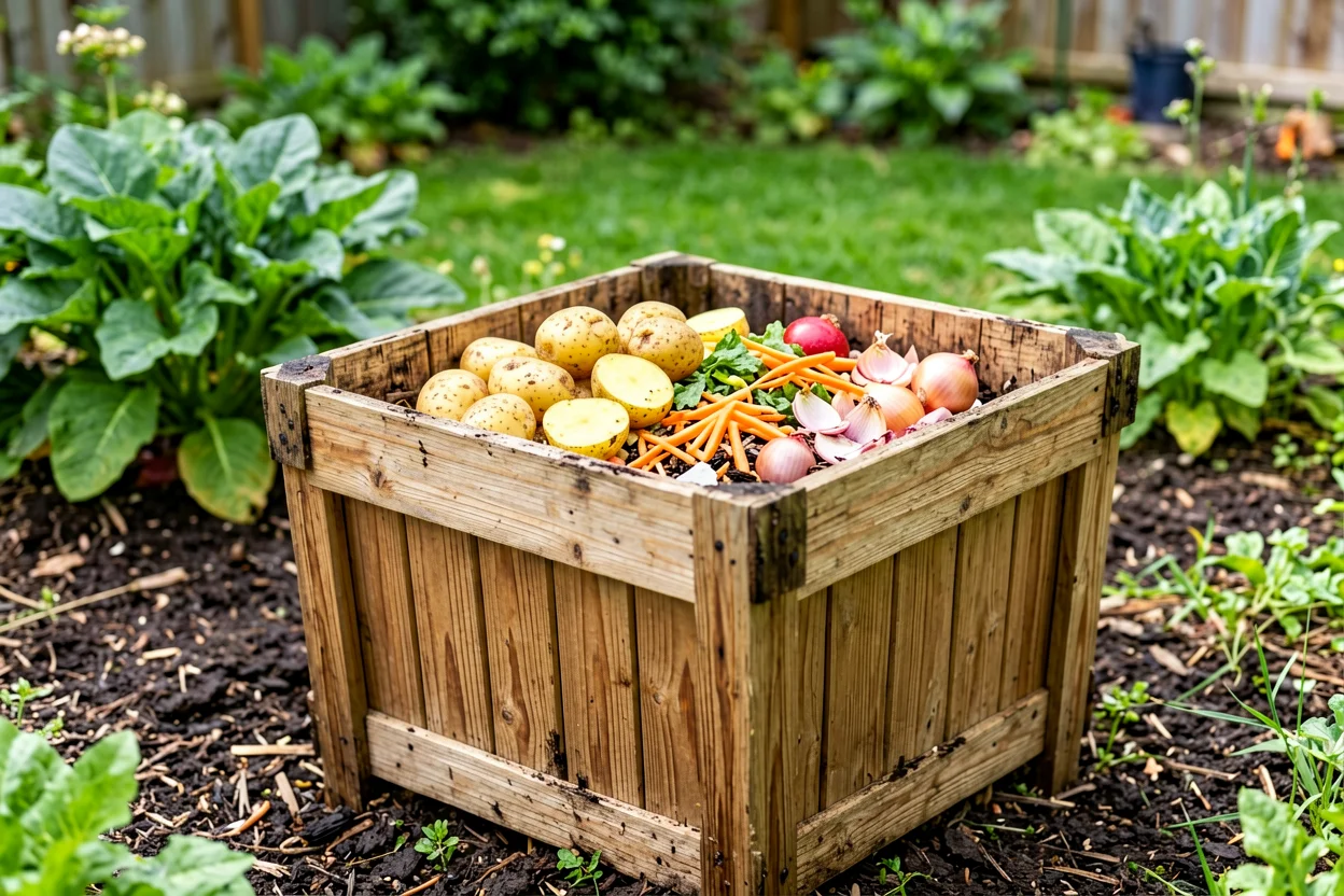 Cascas de frutas e legumes separadas para compostagem em vez de serem queimadas no jardim