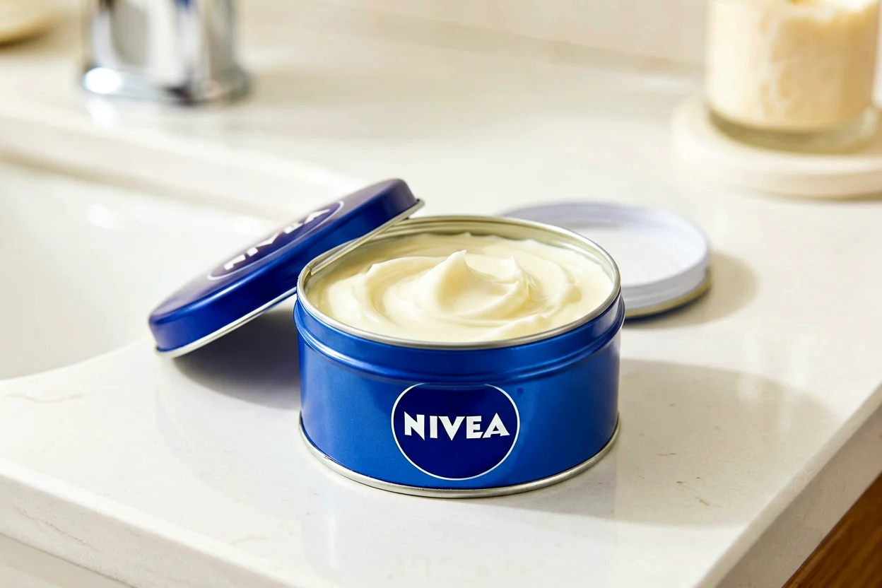 Caixa azul clássica de creme Nivea aberta sobre uma bancada de casa de banho