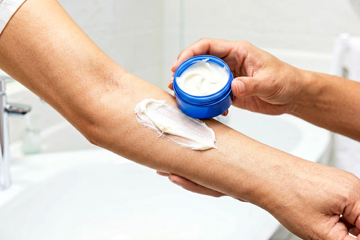 Mãos a aplicar creme Nivea nos cotovelos secos