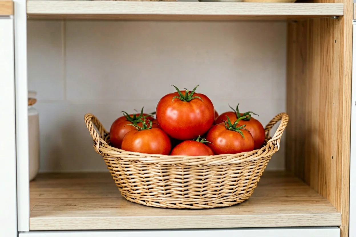 Tomates maduras num cesto arejado sobre prateleira de despensa à sombra