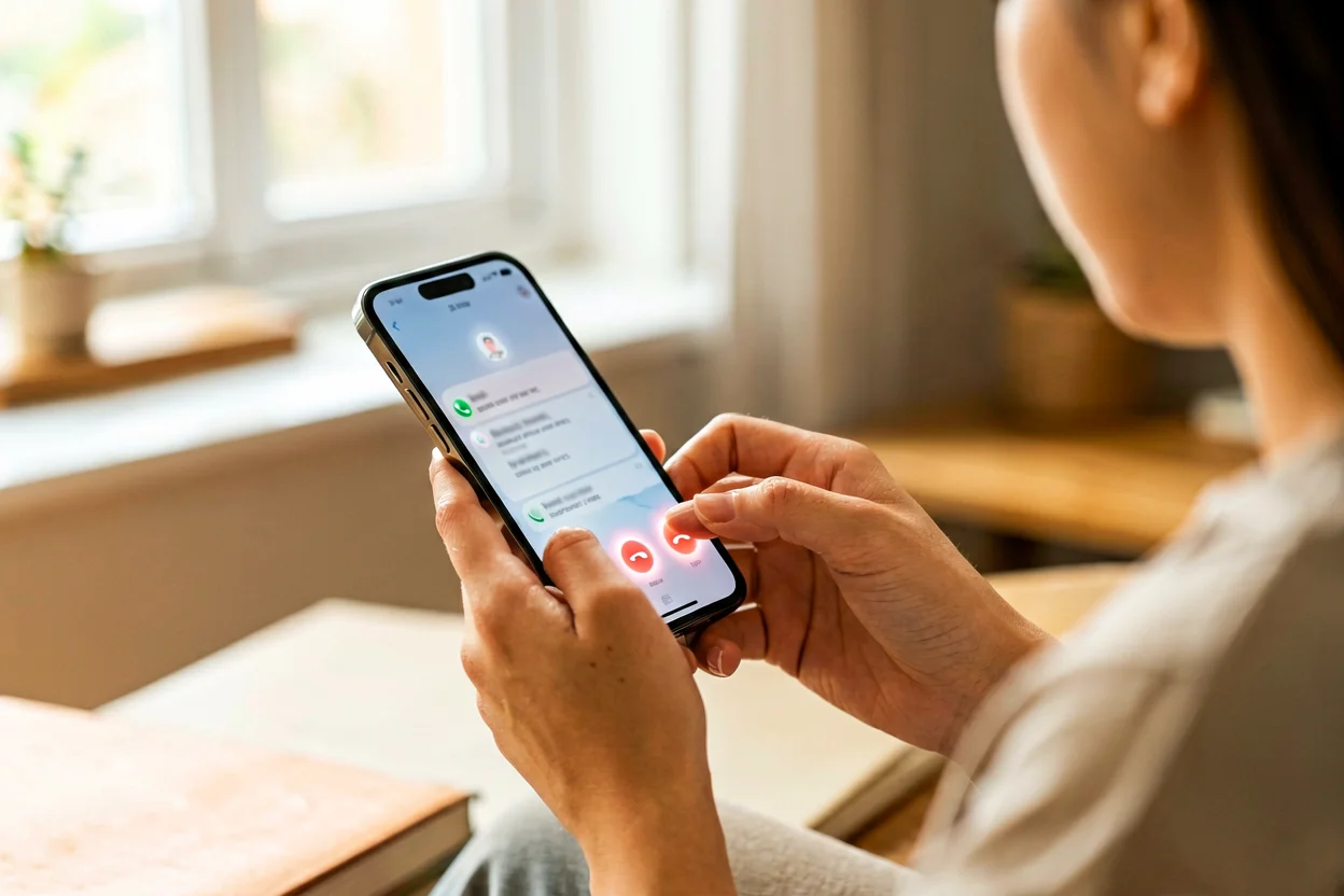 Mãos a escrever uma mensagem de texto num telemóvel, com uma chamada a entrar desfocada em segundo plano