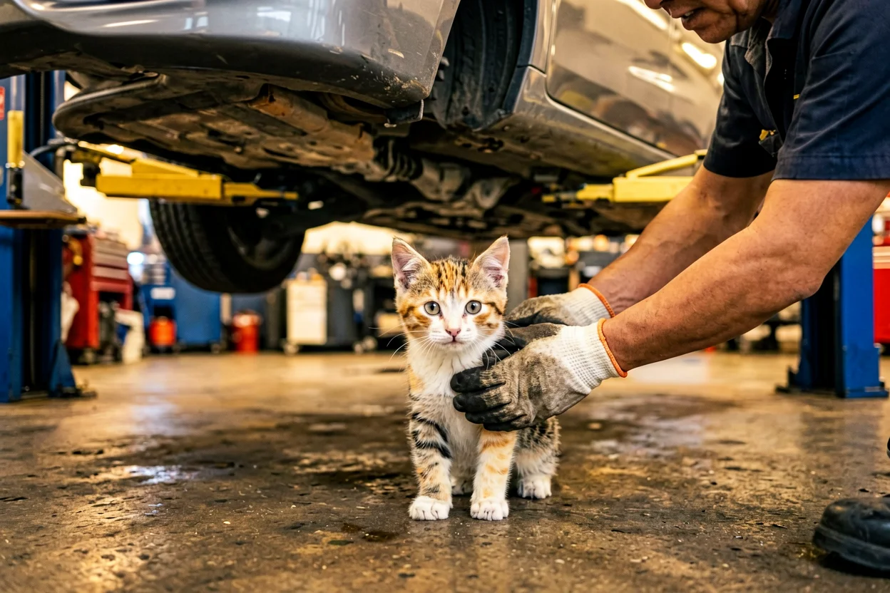 Ilustração de um pequeno gatinho a ser retirado com cuidado de baixo de um automóvel numa oficina
