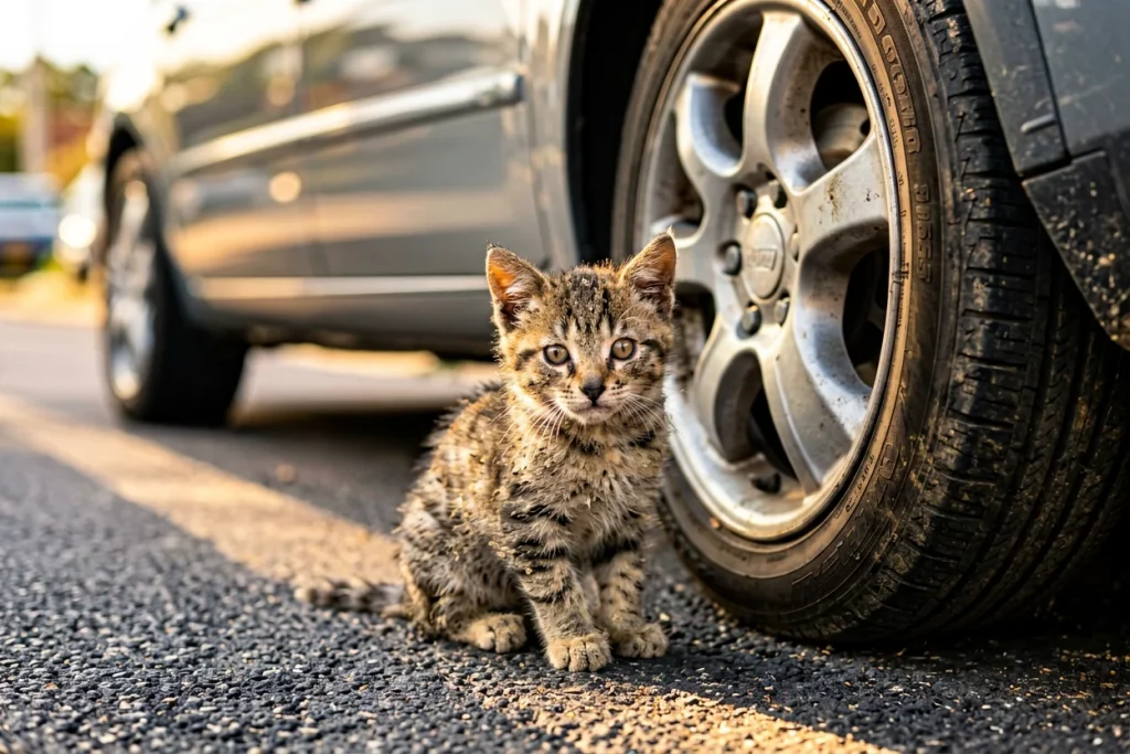 Um gatinho de dez semanas sobreviveu a 1 300 km escondido sob o carro de uma estudante — foi preciso desmontar uma roda para o resgatar