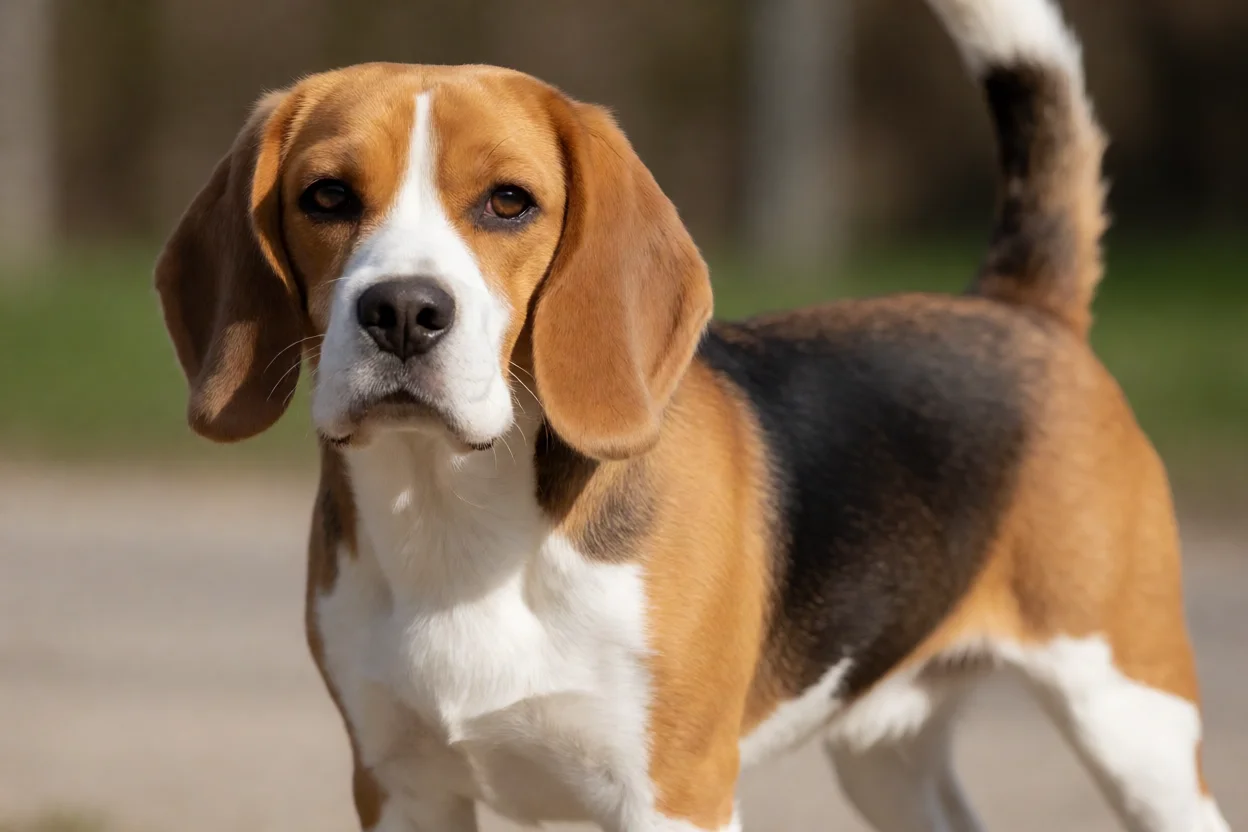Beagle adulto com orelhas longas e expressão curiosa em ambiente natural