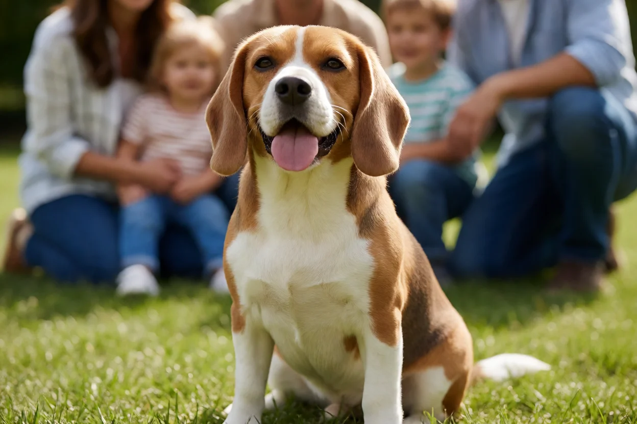 Beagle feliz e ativo em companhia da família