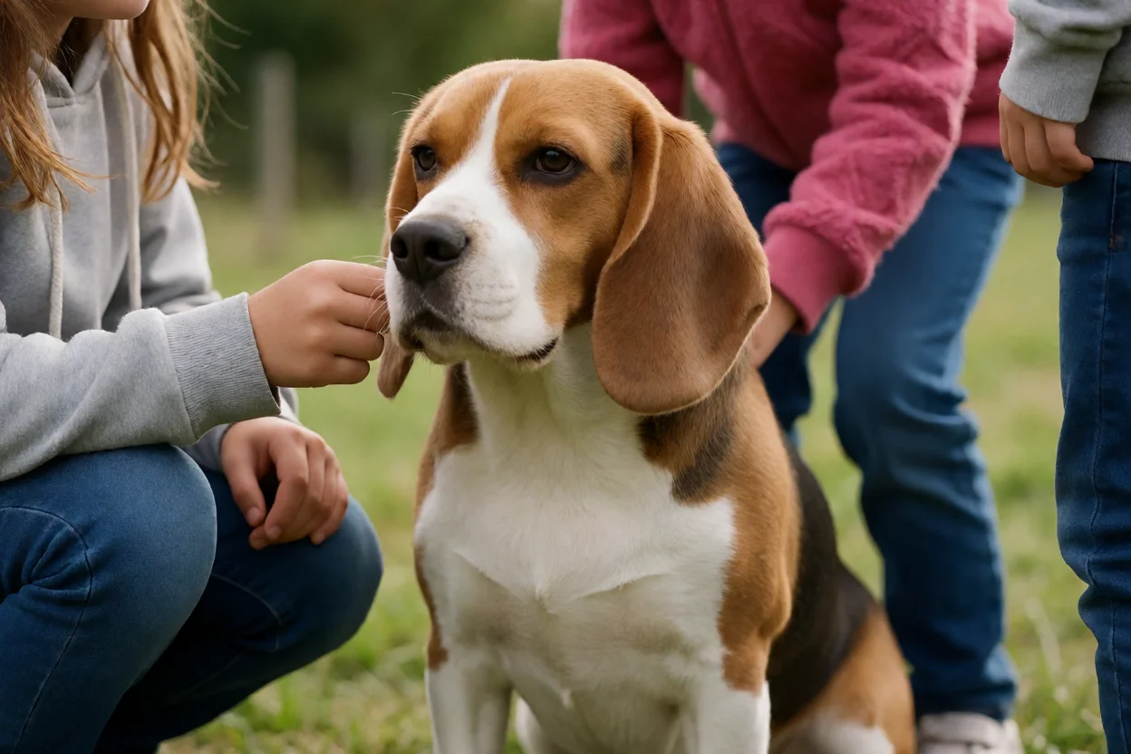 Beagle paciente e interativo com crianças
