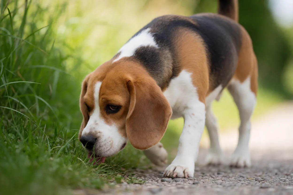 Beagle farejando e explorando em atividade ao ar livre