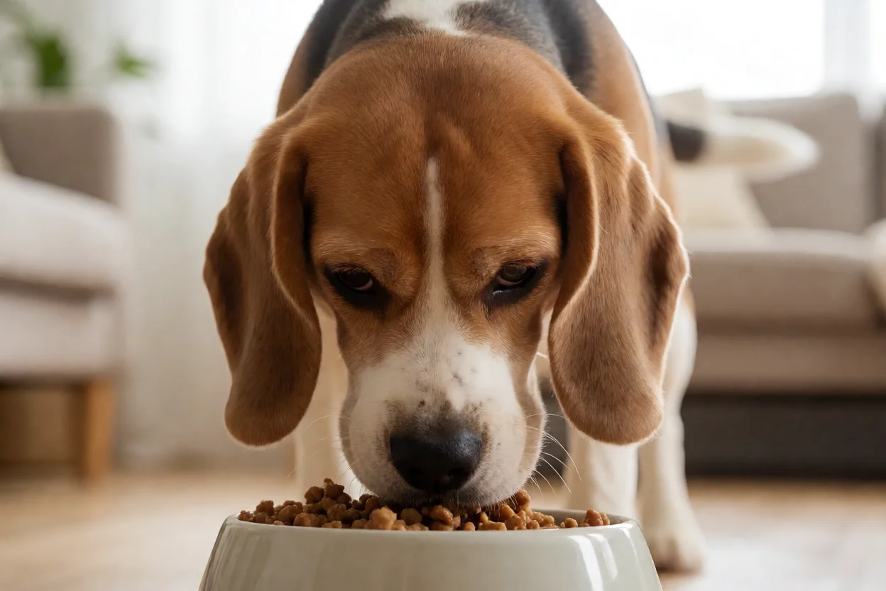 Beagle adulto comendo refeição medida