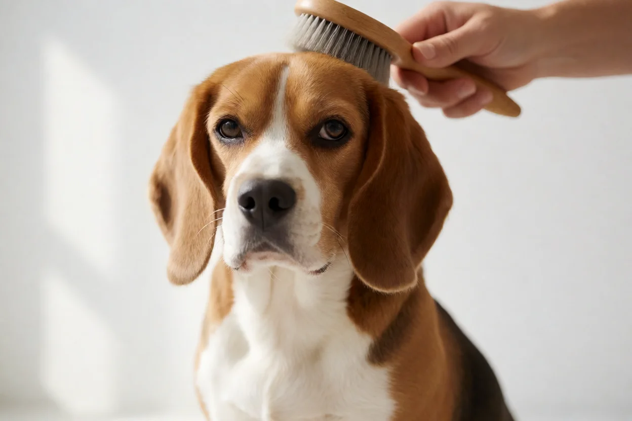 Beagle sendo escovado durante rotina de higiene