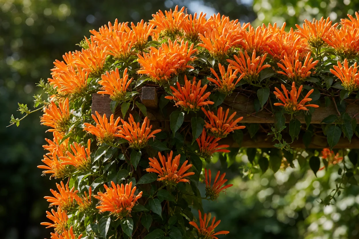 Cipó de São João em plena floração com flores alaranjadas