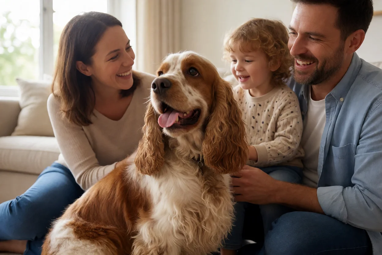 Cocker Inglês alegre interagindo com família