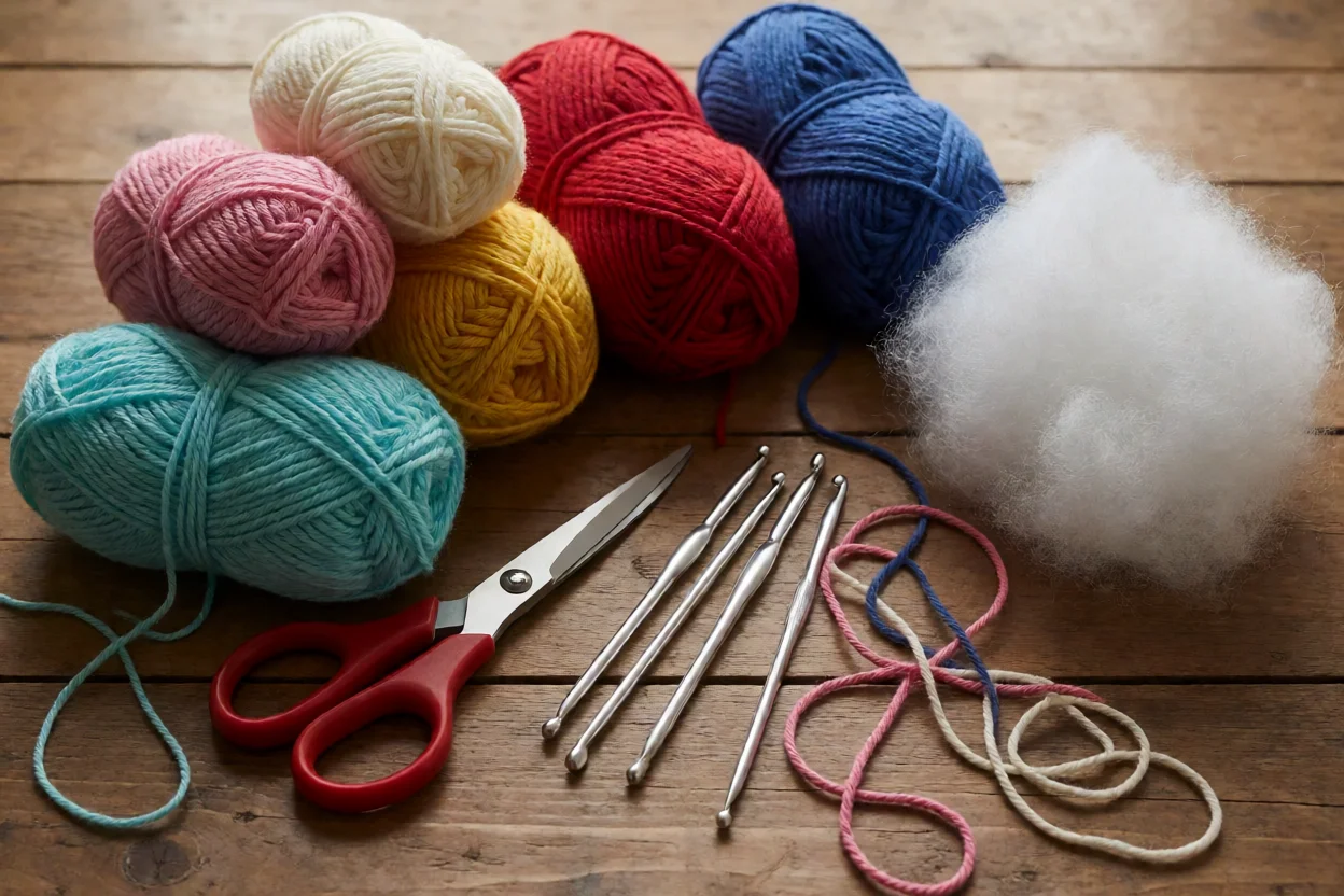 Materiais para crochê de coração: fio, agulha e tesoura