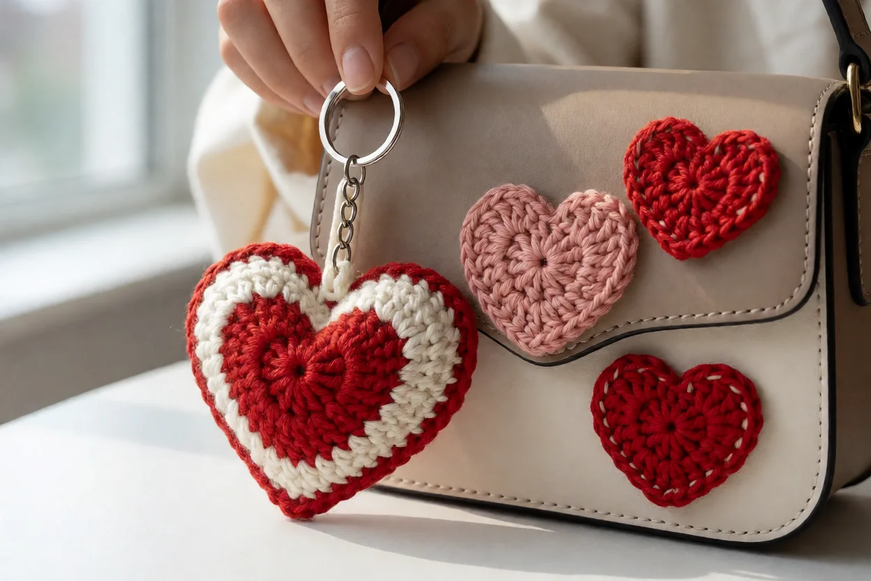 Chaveiro de coração de crochê e apliques em bolsa