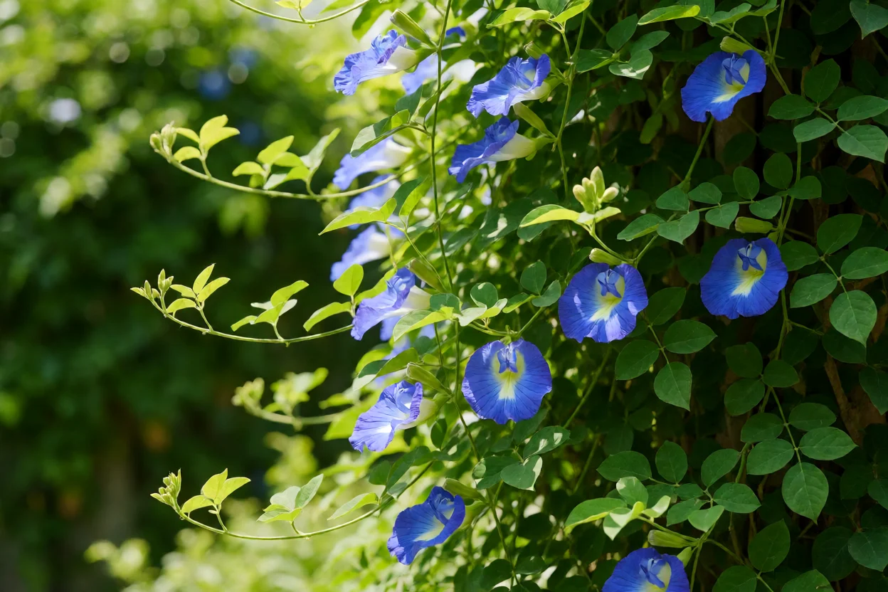 Flor fada azul recebendo sol pleno em jardim