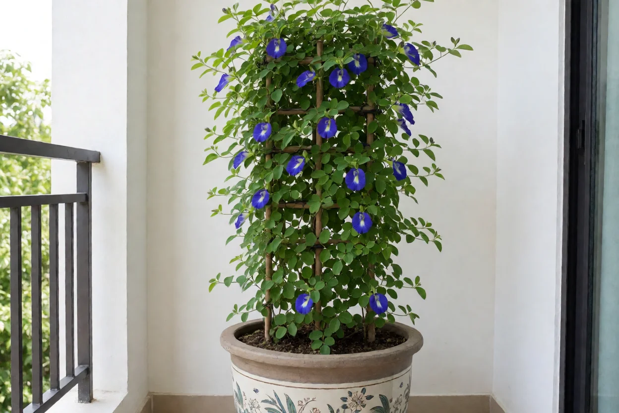 Flor fada azul cultivada em vaso com suporte