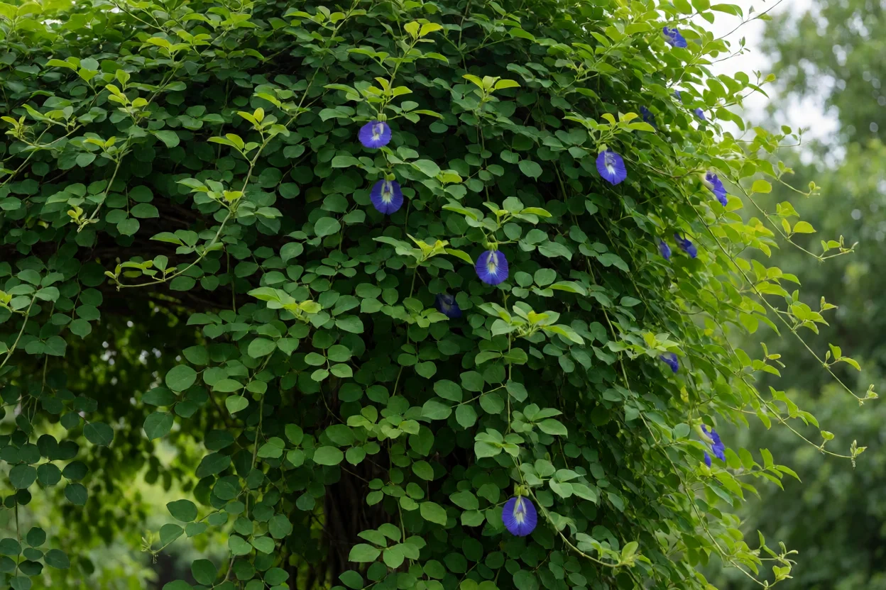 Flor fada azul com muita folhagem e poucas flores