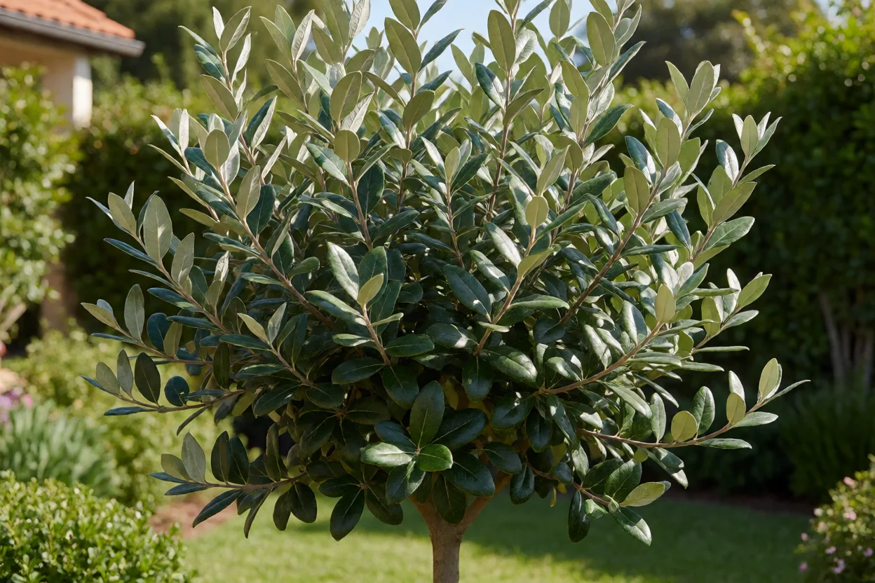 Árvore de goiaba-serrana com folhagem verde e copa arredondada em jardim